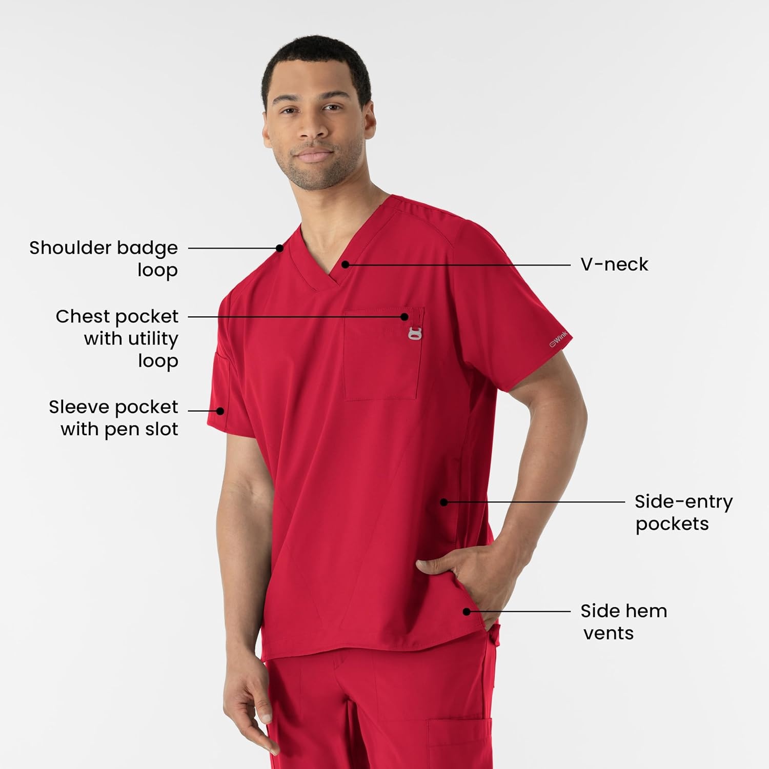WINK W123 Men’s V-Neck Scrub Top(Red)