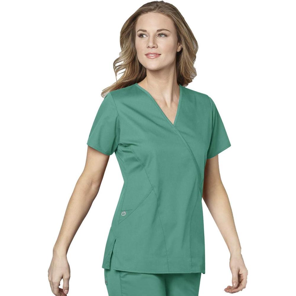 WonderWink Womens Women’s Mock Wrap Scrub Top(Surgical Green)