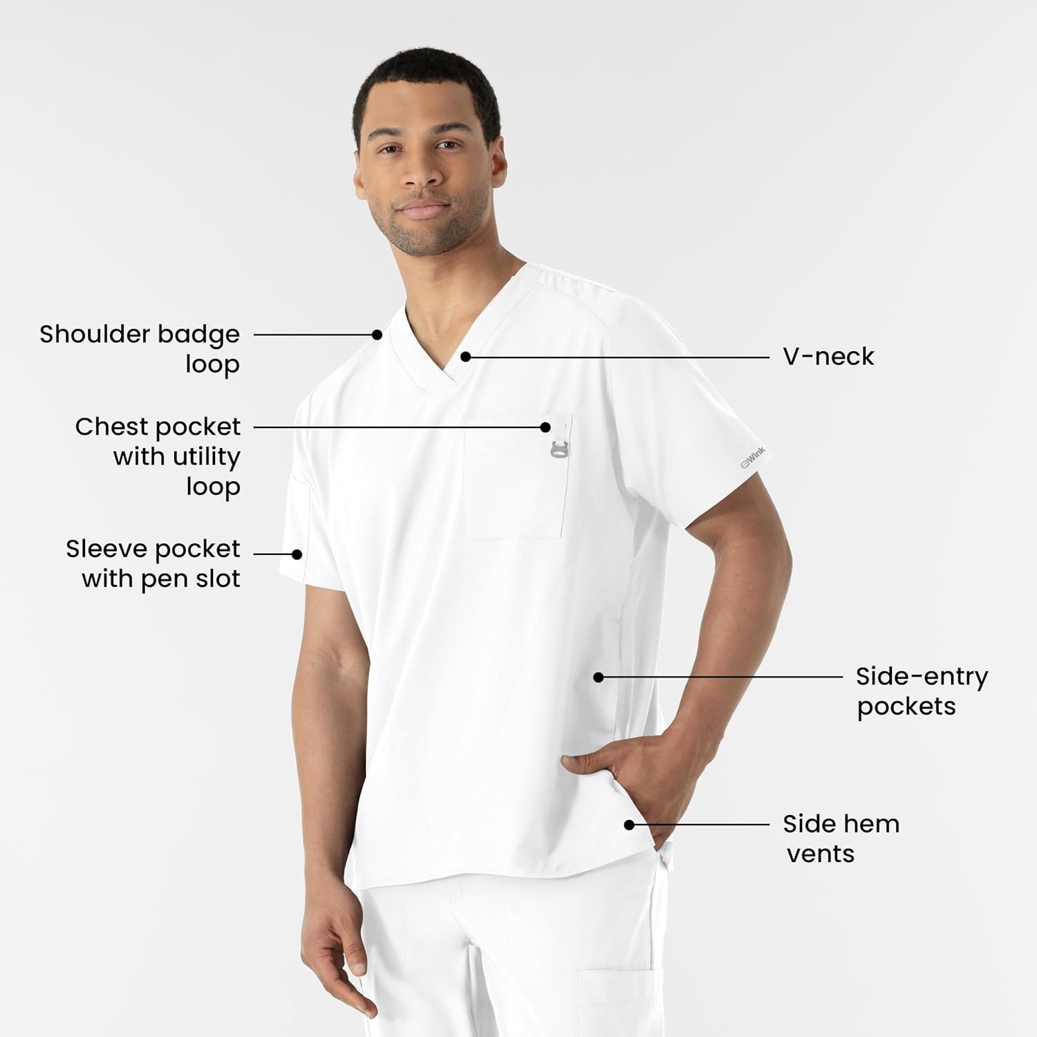 WINK W123 Men’s V-Neck Scrub Top(White)