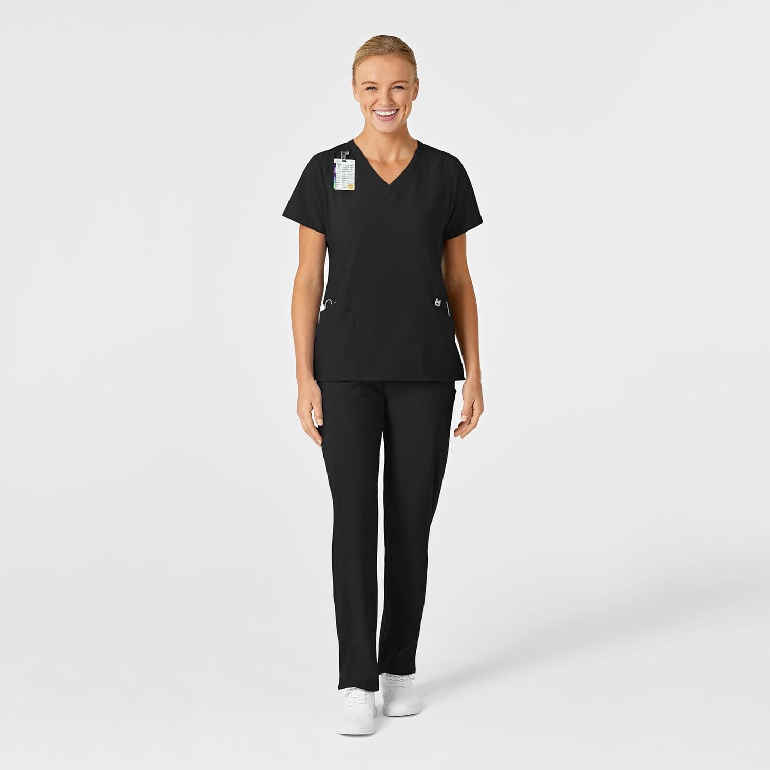 Wink Scrubs for Women, W123, Stylized Vneck Tops with 5 Pockets(Black)