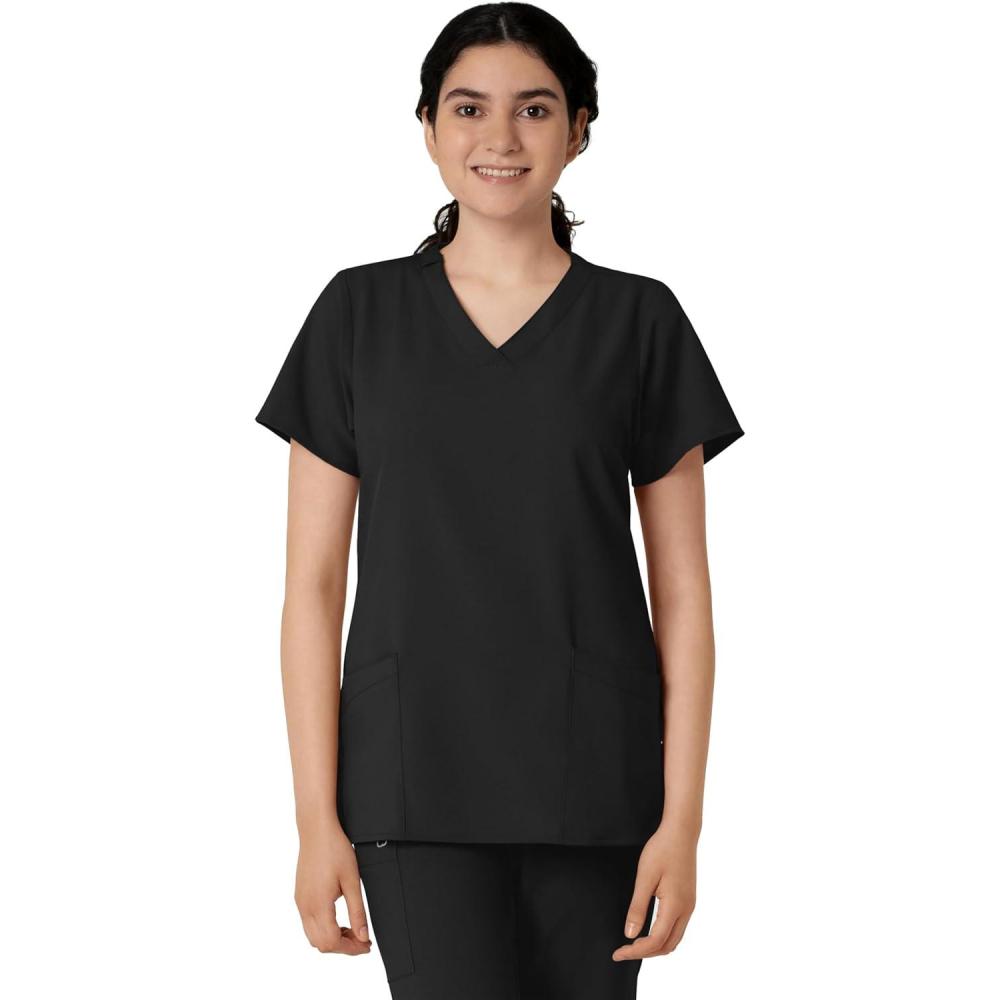 Wink Scrubs for Women, W123, Classic V-Neck Tops with 2 Pockets(Black)