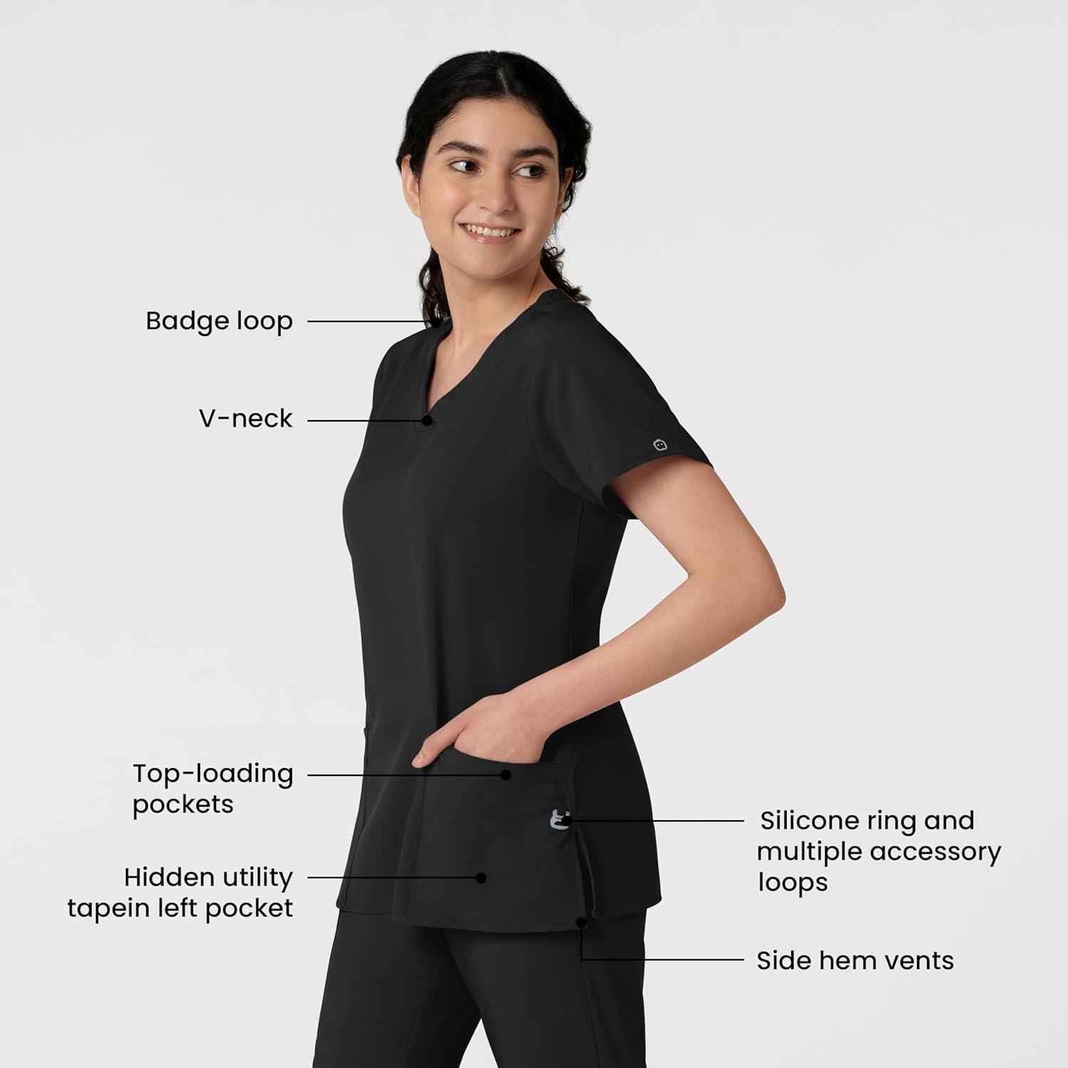 Wink Scrubs for Women, W123, Classic V-Neck Tops with 2 Pockets(Black)
