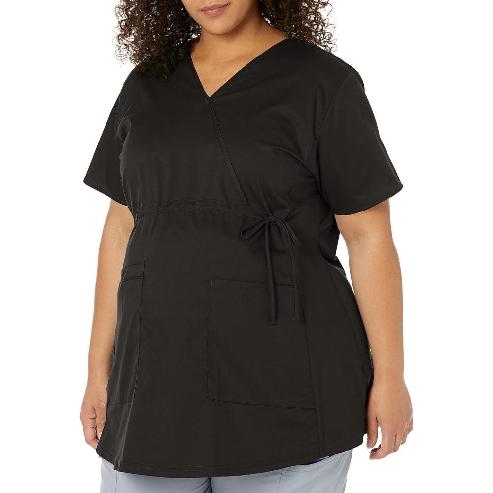 Wink WonderWORK Scrubs for Maternity Mock Wrap Scrub Tops(Black)