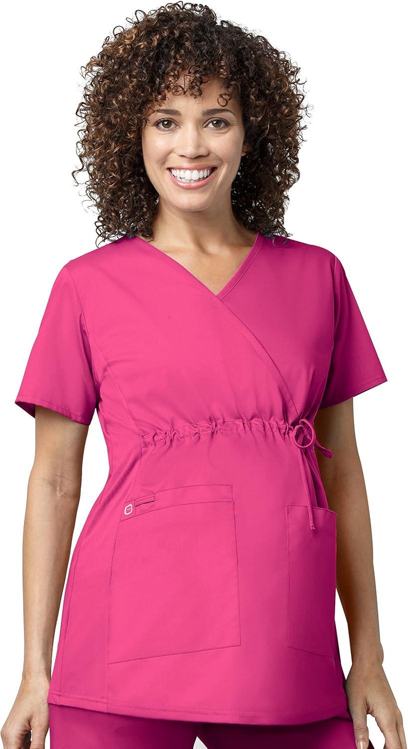 Wink WonderWORK Scrubs for Maternity Mock Wrap Scrub Tops(Fuchsia)