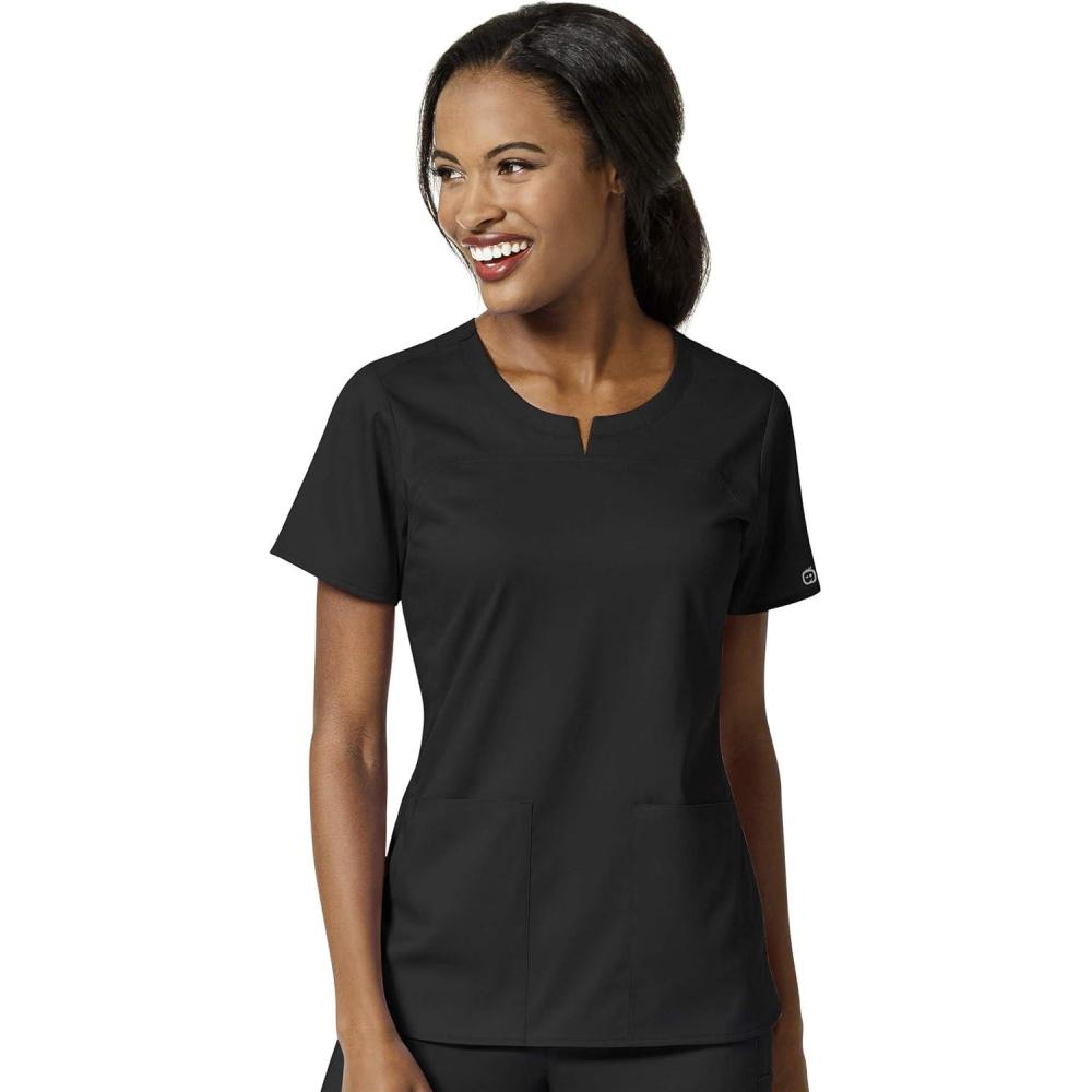 WonderWink Womens Women’s 4 Pocket Notch Neck Scrub Top(Black)