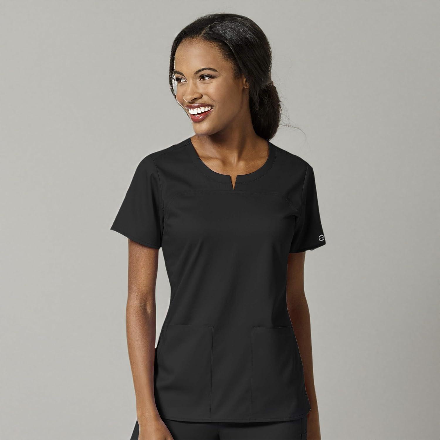 WonderWink Womens Women’s 4 Pocket Notch Neck Scrub Top(Black)