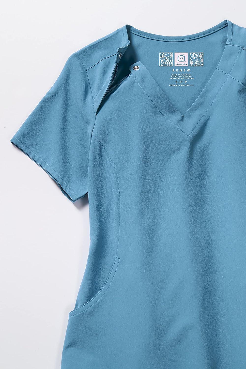 WonderWink Womens Renew Women’s Zip Accent Scrub Top(Bay Blue)