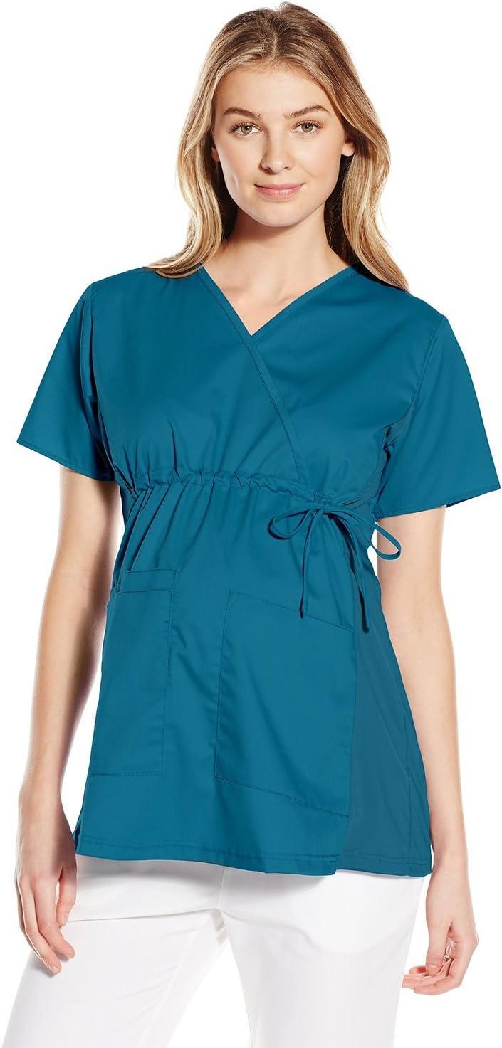 Wink WonderWORK Scrubs for Maternity Mock Wrap Scrub Tops(Caribbean)