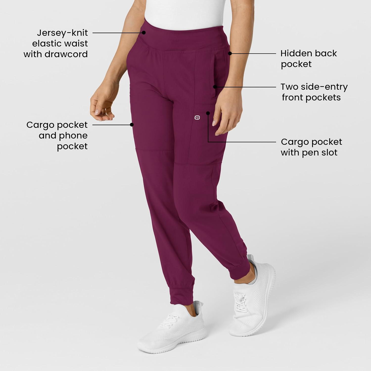 W123 Women’s Comfort Waist Cargo Jogger Scrub Pant(Wine)