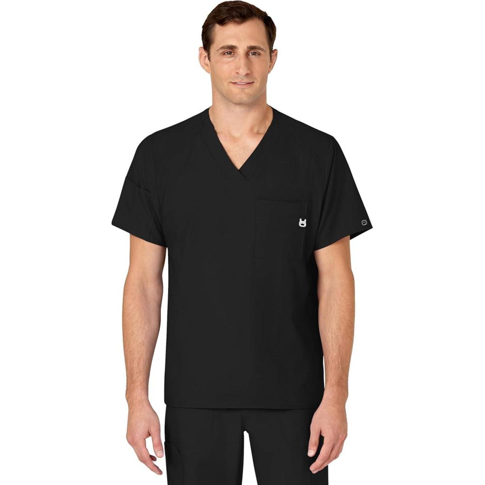 WINK Scrubs for Men, W123, V-Neck Tops with 6 Pockets(Black)