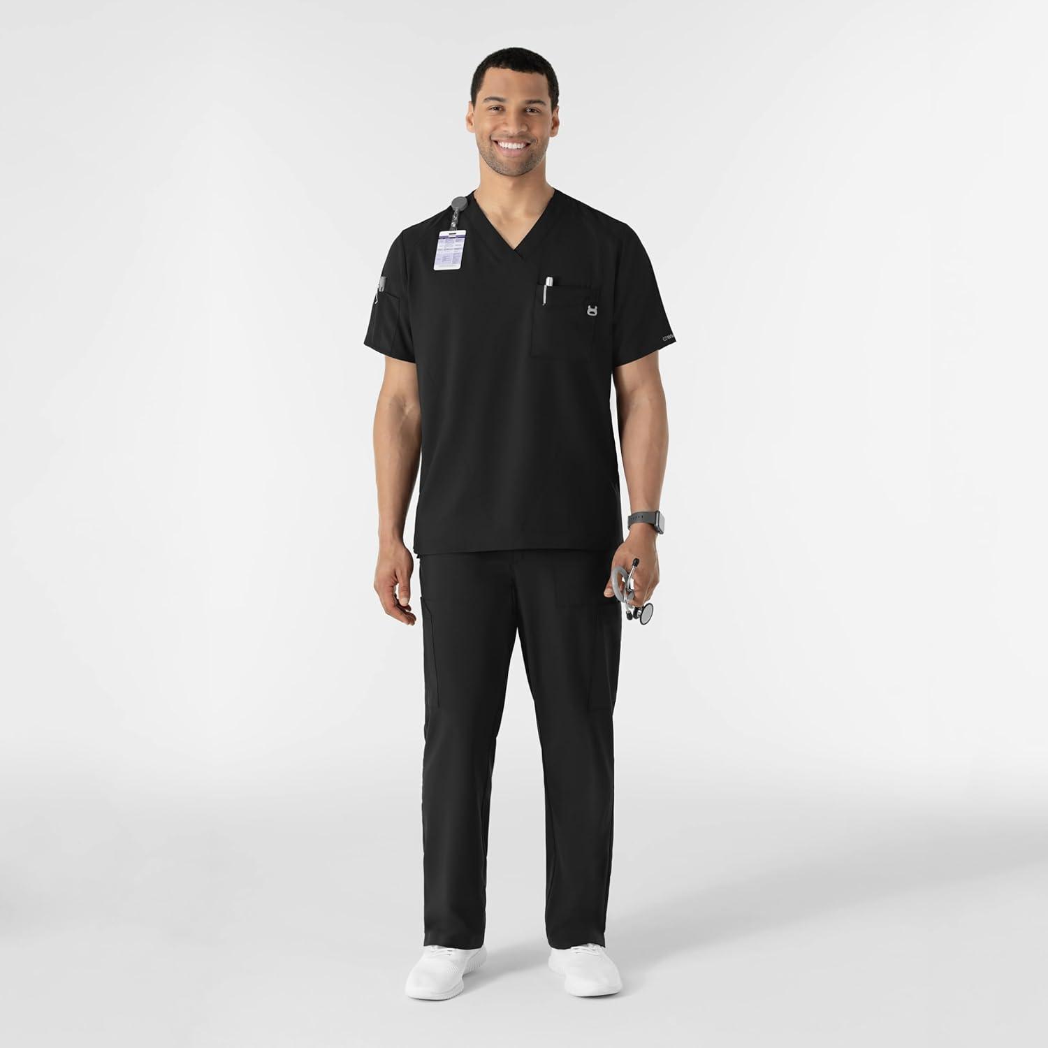 WINK Scrubs for Men, W123, V-Neck Tops with 6 Pockets(Black)