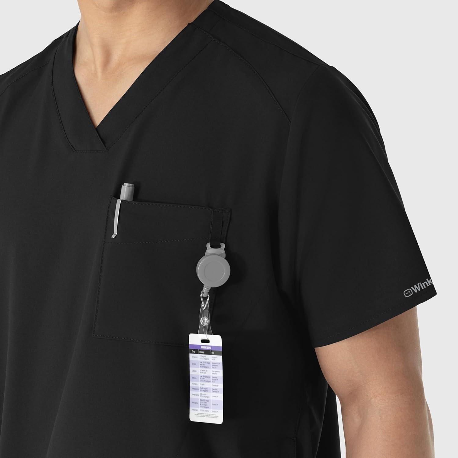 WINK Scrubs for Men, W123, V-Neck Tops with 6 Pockets(Black)