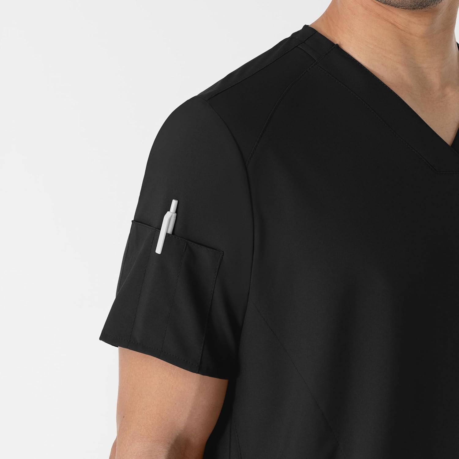 WINK Scrubs for Men, W123, V-Neck Tops with 6 Pockets(Black)