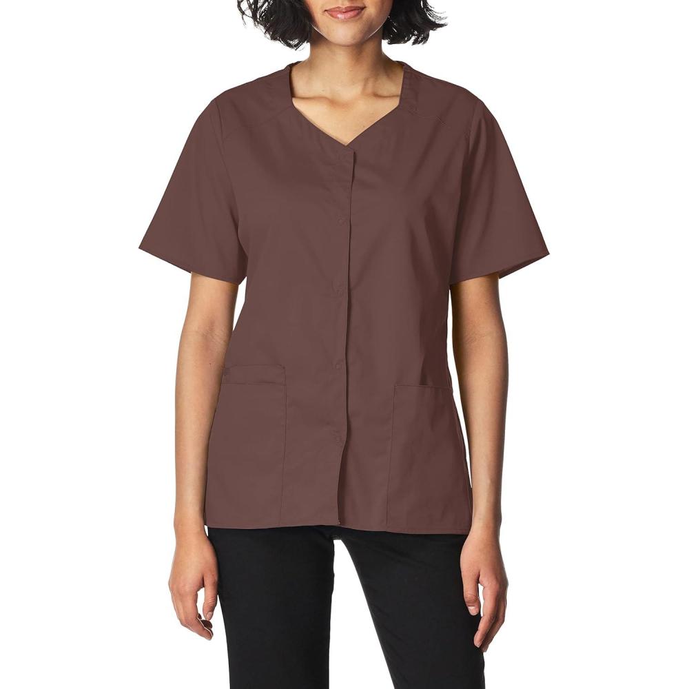 WonderWink Women’s Wonderwork Short Sleeve Snap Jacket(Chocolate)