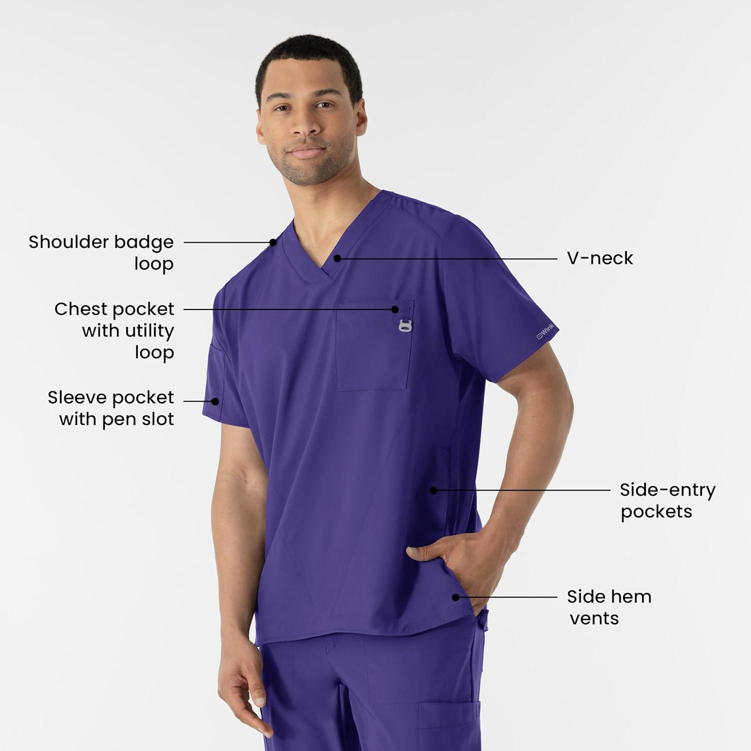 WINK Scrubs for Men, W123, V-Neck Tops with 6 Pockets(Grape)