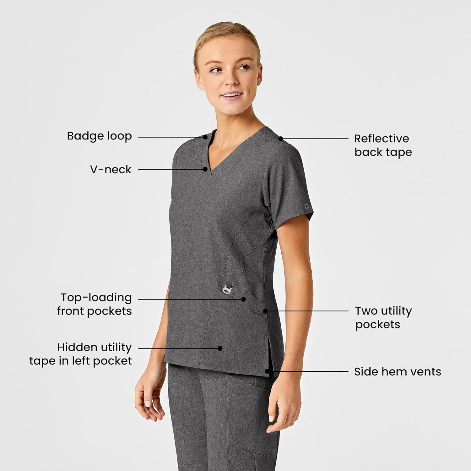 Wink Scrubs for Women, W123, Stylized Vneck Tops with 5 Pockets(Charcoal Heather)