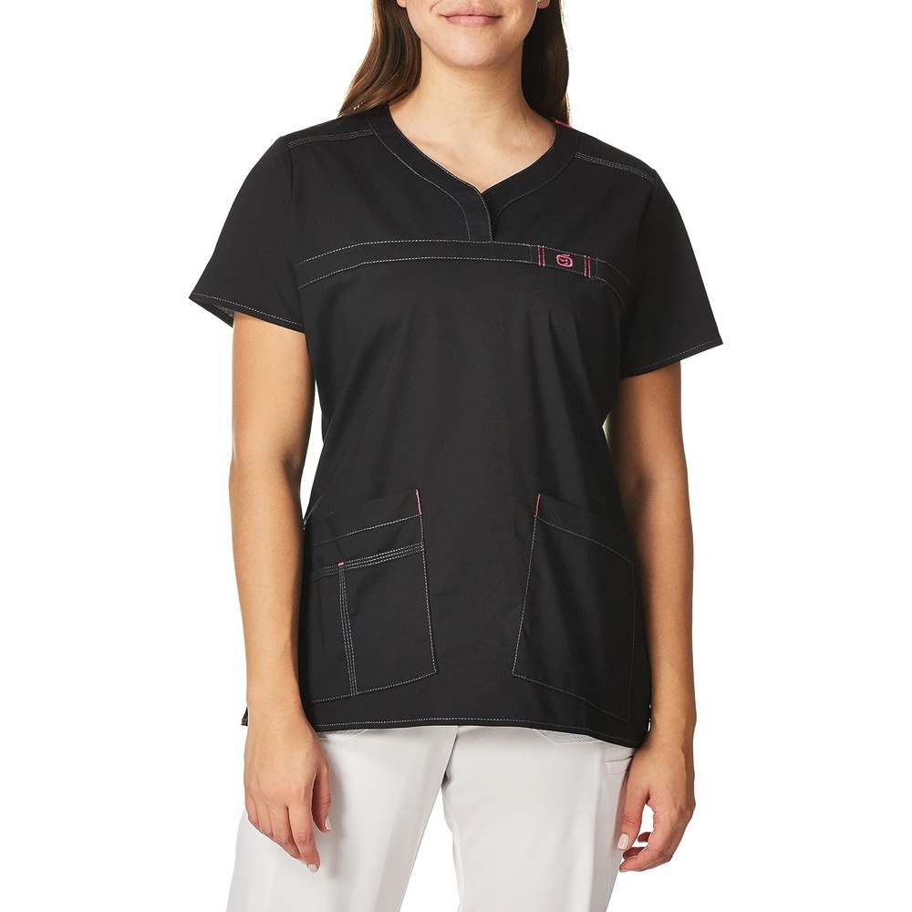 Wink WonderFLEX Patience – Women’s Curved Notch Neck Scrub Top(Black)