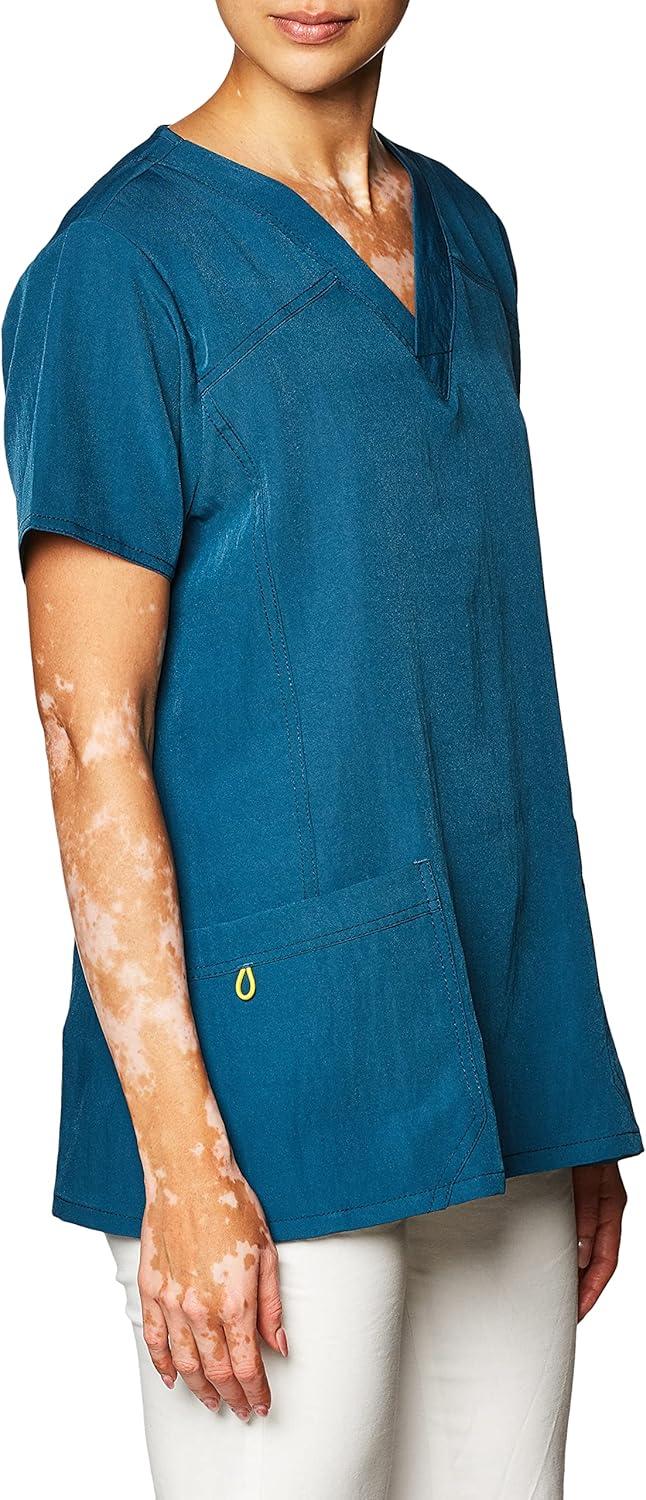 WonderWink Women’s Four Stretch Sporty V-Neck Scrub Top – XS-3XL, 3 Pockets, Eye Protection, Meets ANSI Z87.1(Pack of 1)(Caribbean)