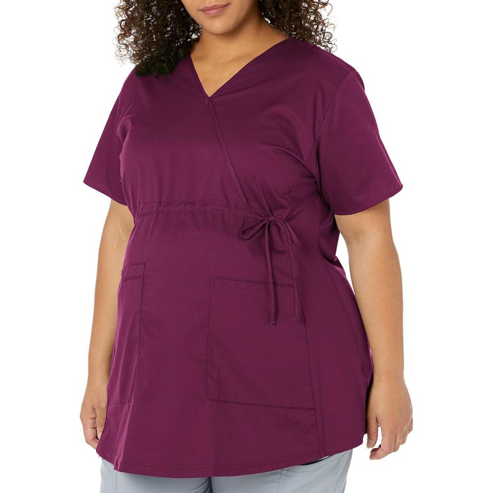 Wink WonderWORK Scrubs for Maternity Mock Wrap Scrub Tops(Wine)