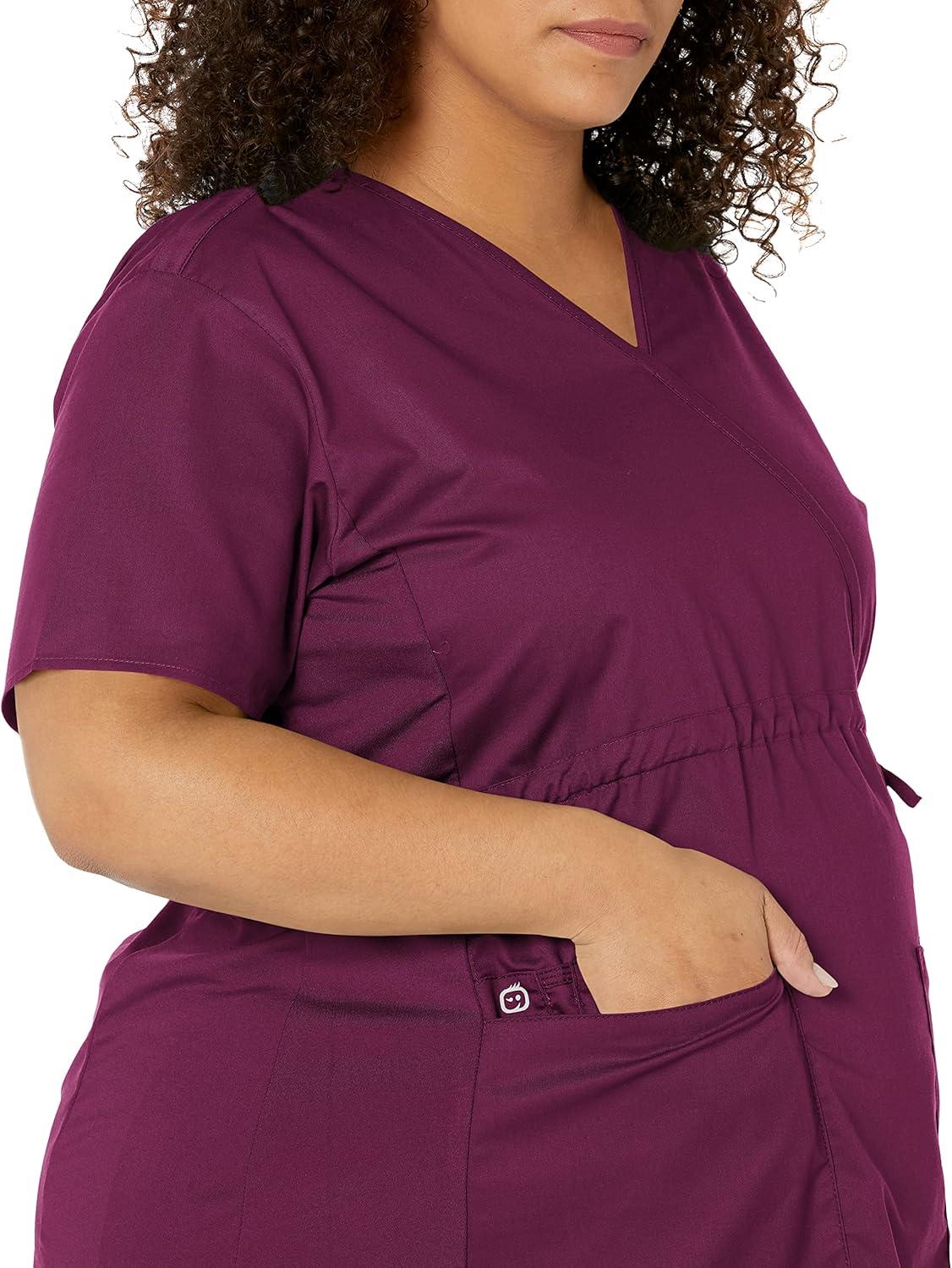 Wink WonderWORK Scrubs for Maternity Mock Wrap Scrub Tops(Wine)