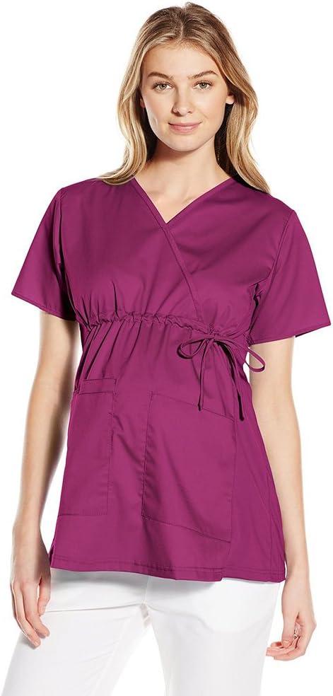 Wink WonderWORK Scrubs for Maternity Mock Wrap Scrub Tops(Wine)