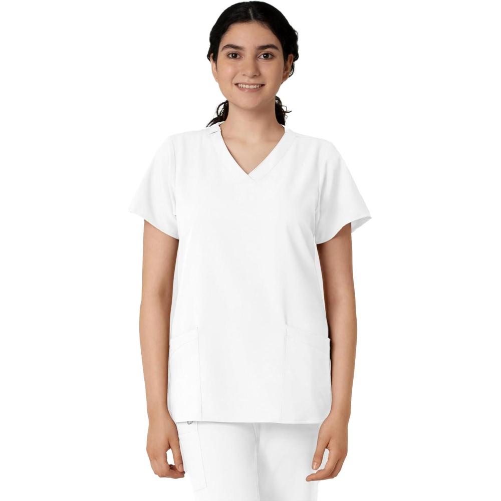 Wink Scrubs for Women, W123, Classic V-Neck Tops with 2 Pockets(White)
