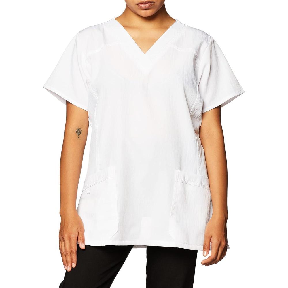 WonderWink Women’s Four Stretch Sporty V-Neck Scrub Top – XS-3XL, 3 Pockets, Eye Protection, Meets ANSI Z87.1(Pack of 1)(White)