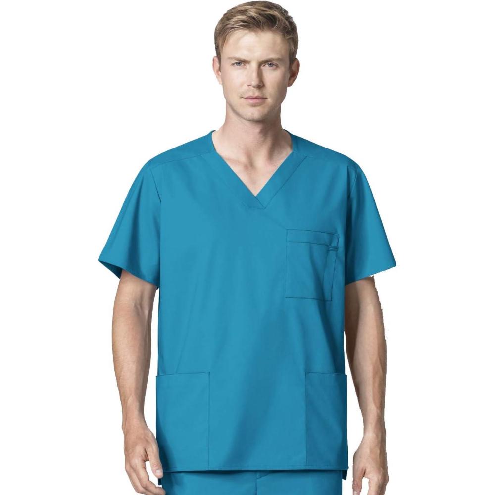WonderWink Men’s V-Neck Top, Teal Blue, Medium