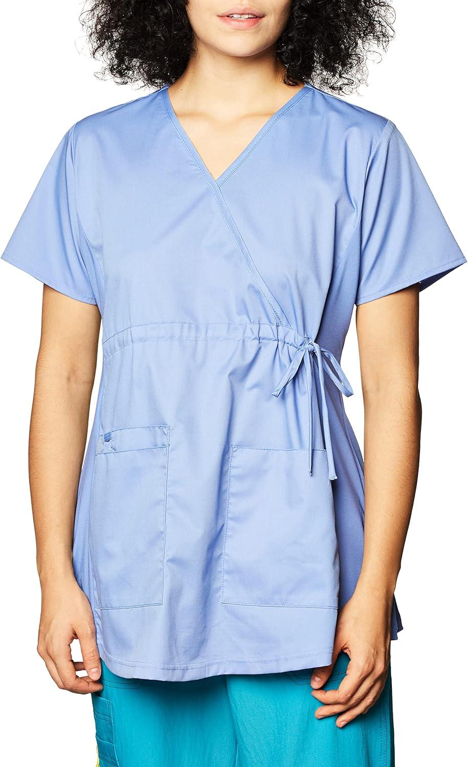 Wink WonderWORK Scrubs for Maternity Mock Wrap Scrub Tops(Ceil Blue)