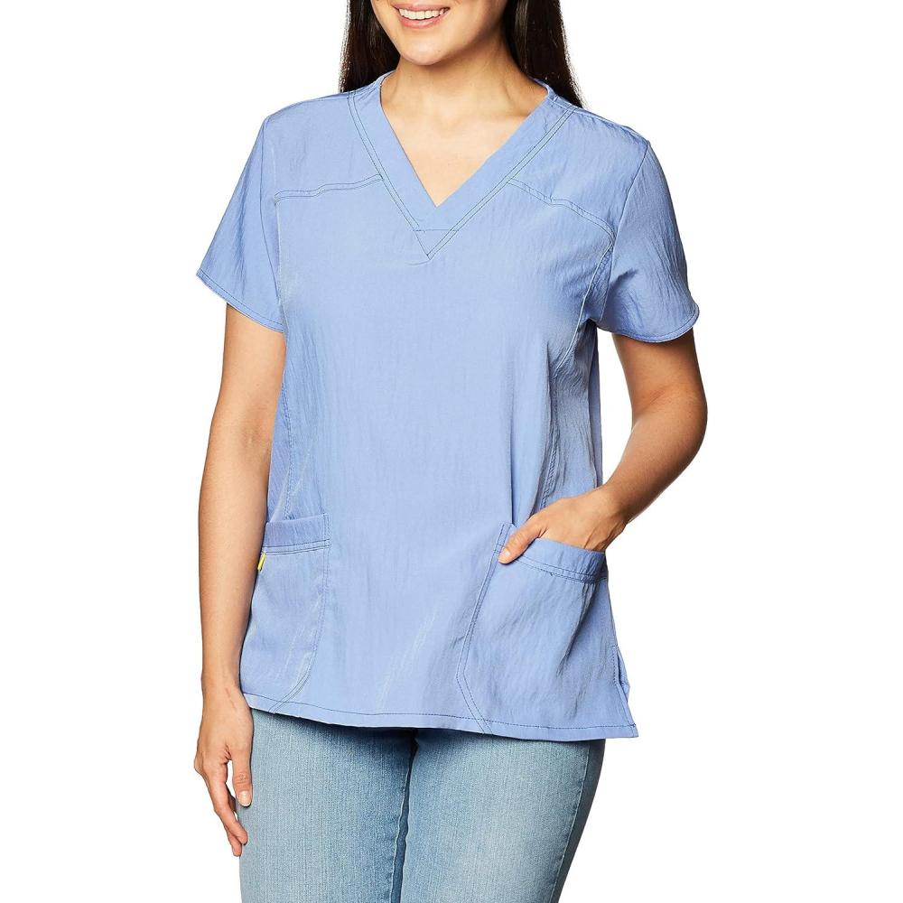 WonderWink Women’s Four Stretch Sporty V-Neck Scrub Top – XS-3XL, 3 Pockets, Eye Protection, Meets ANSI Z87.1(Pack of 1)(Ceil Blue)