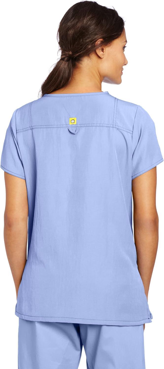 WonderWink Women’s Four Stretch Sporty V-Neck Scrub Top – XS-3XL, 3 Pockets, Eye Protection, Meets ANSI Z87.1(Pack of 1)(Ceil Blue)