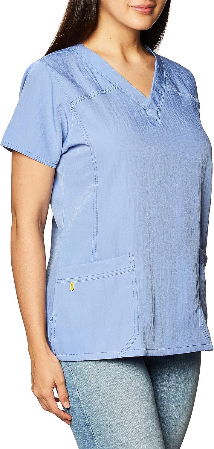 WonderWink Women’s Four Stretch Sporty V-Neck Scrub Top – XS-3XL, 3 Pockets, Eye Protection, Meets ANSI Z87.1(Pack of 1)(Ceil Blue)