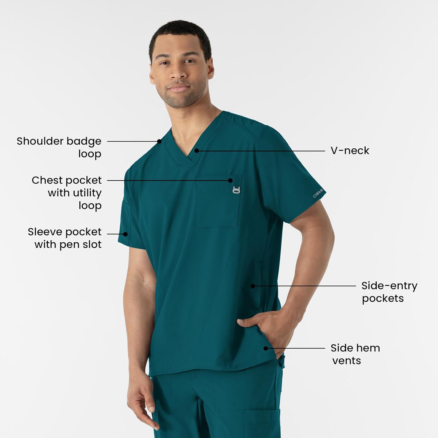WINK Scrubs for Men, W123, V-Neck Tops with 6 Pockets(Caribbean Blue)