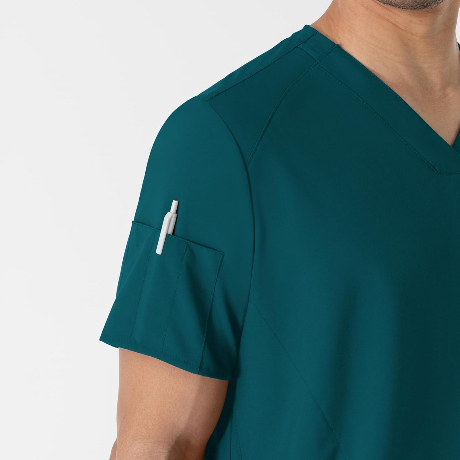 WINK Scrubs for Men, W123, V-Neck Tops with 6 Pockets(Caribbean Blue)