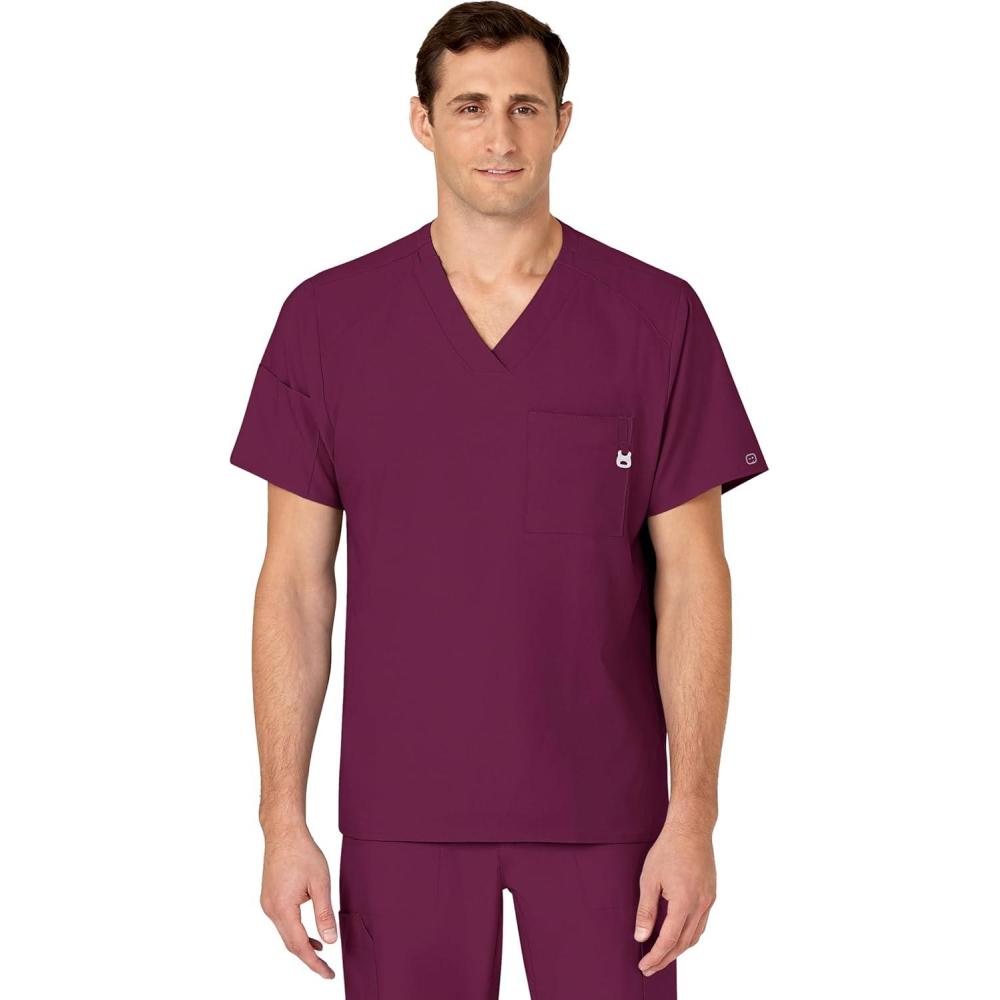 WINK Scrubs for Men, W123, V-Neck Tops with 6 Pockets(Wine)