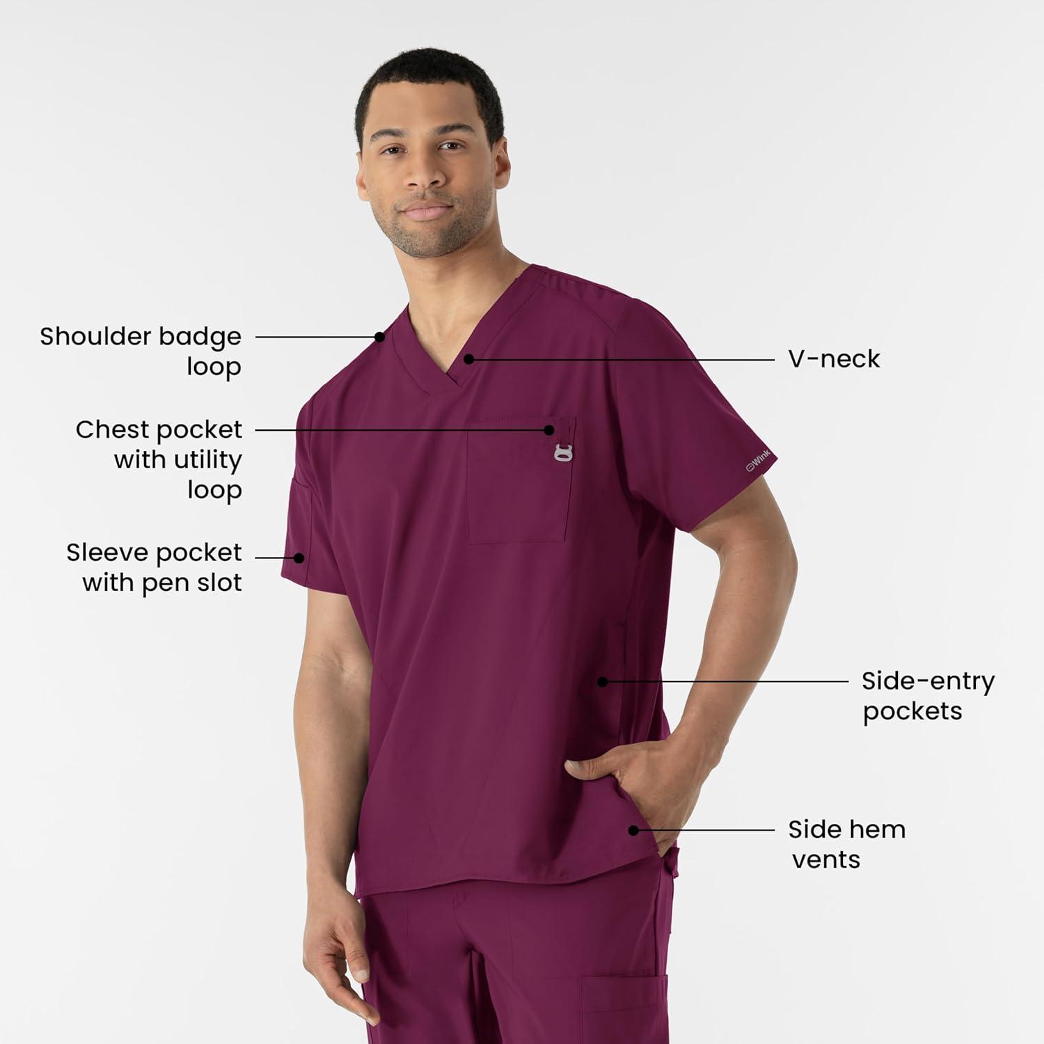 WINK Scrubs for Men, W123, V-Neck Tops with 6 Pockets(Wine)