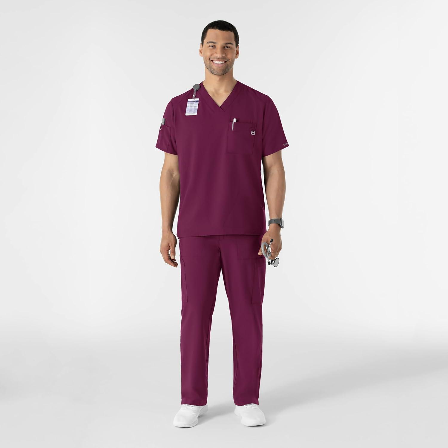WINK Scrubs for Men, W123, V-Neck Tops with 6 Pockets(Wine)