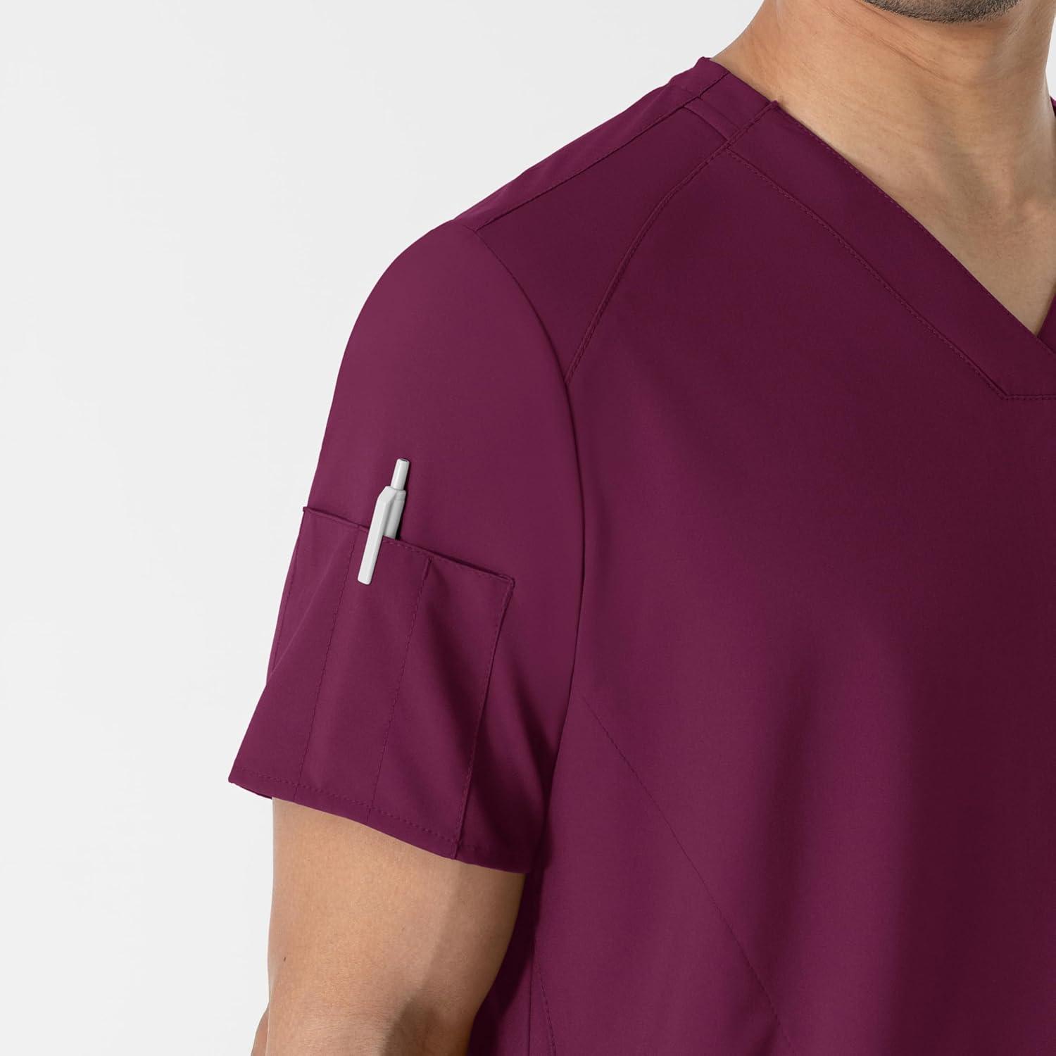 WINK Scrubs for Men, W123, V-Neck Tops with 6 Pockets(Wine)