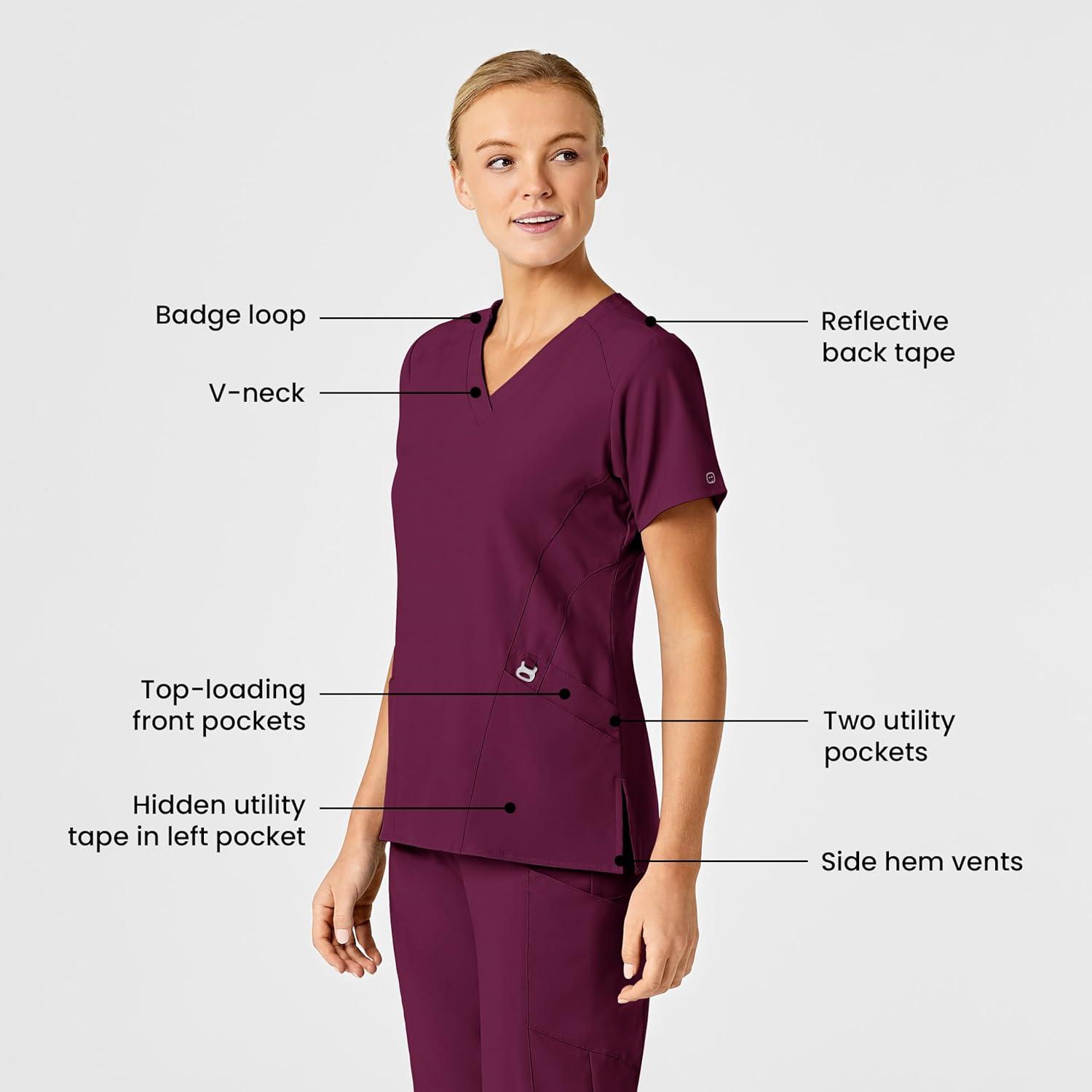 Wink Scrubs for Women, W123, Stylized Vneck Tops with 5 Pockets(Wine)