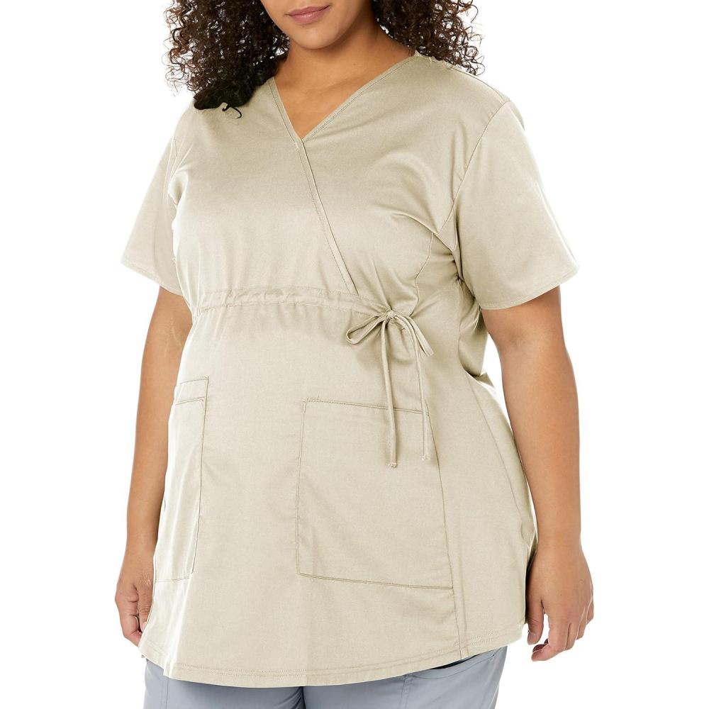 Wink WonderWORK Scrubs for Maternity Mock Wrap Scrub Tops(Khaki)