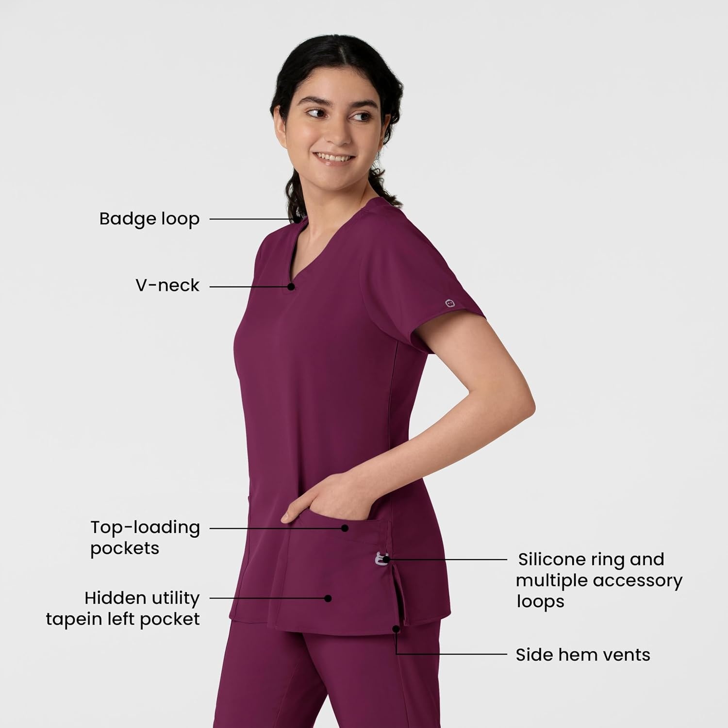 WINK W123 Women’s Basic V-Neck Scrub Top(Wine)