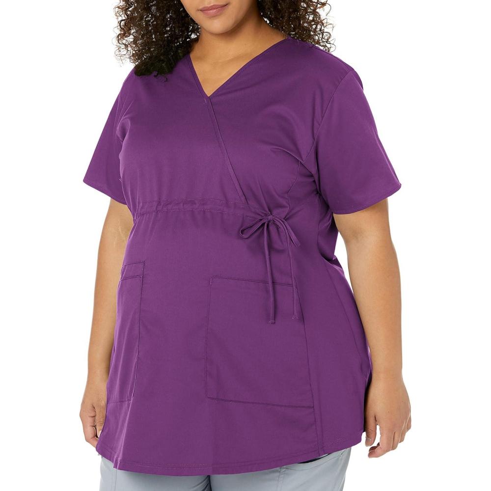 Wink WonderWORK Scrubs for Maternity Mock Wrap Scrub Tops(Eggplant)