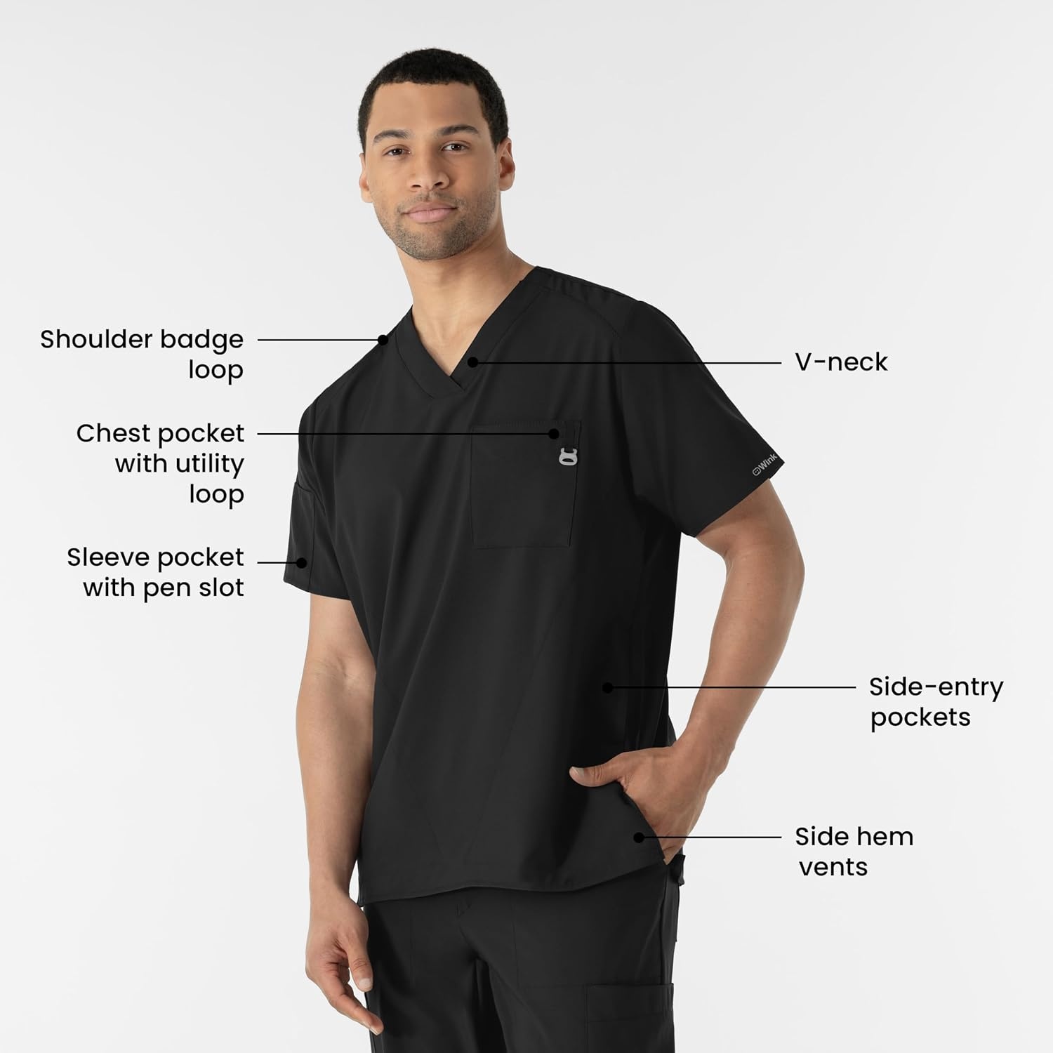 WINK W123 Men’s V-Neck Scrub Top(Black)