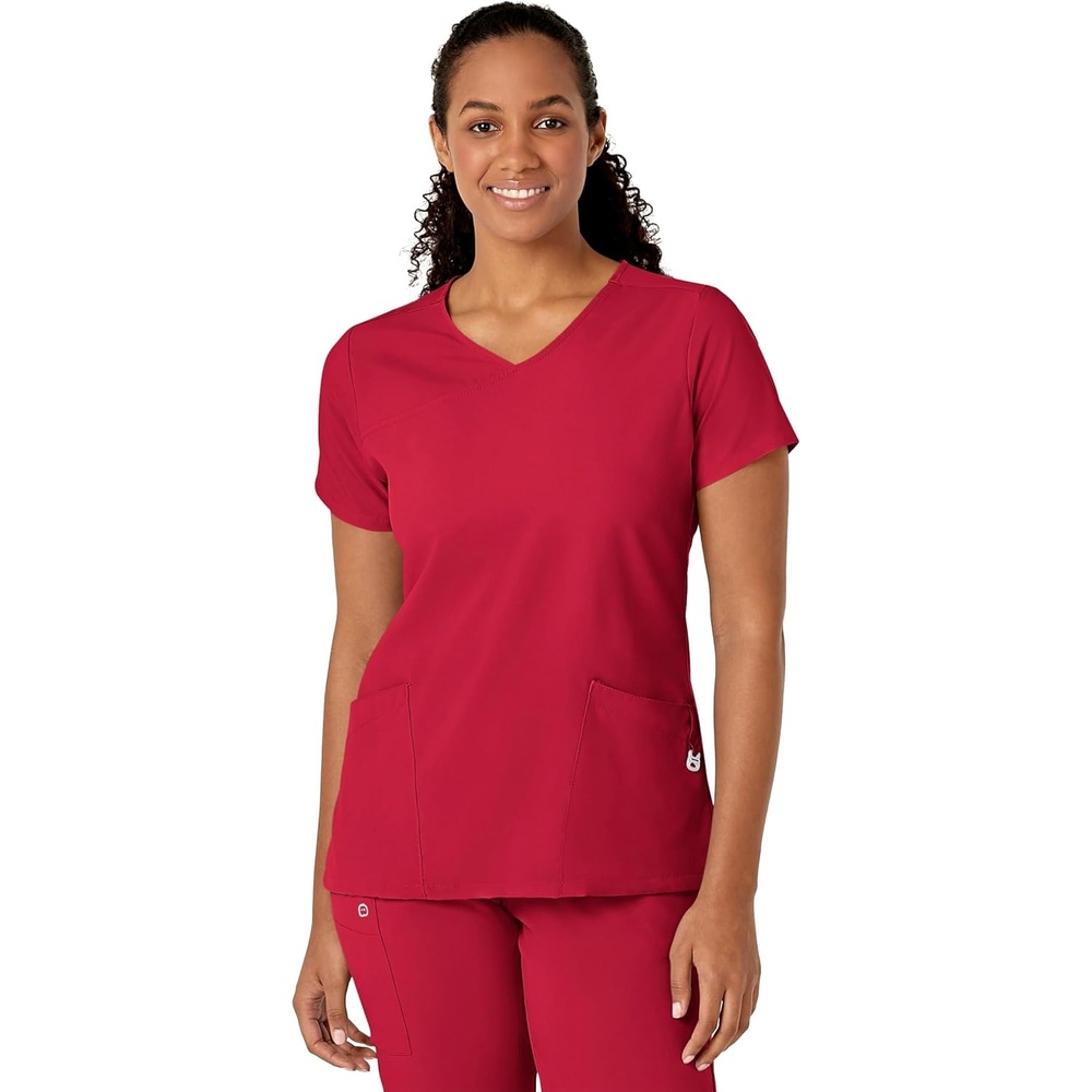 Wink W123 Women’s Y-Neck Wrap Scrub Top(Red)