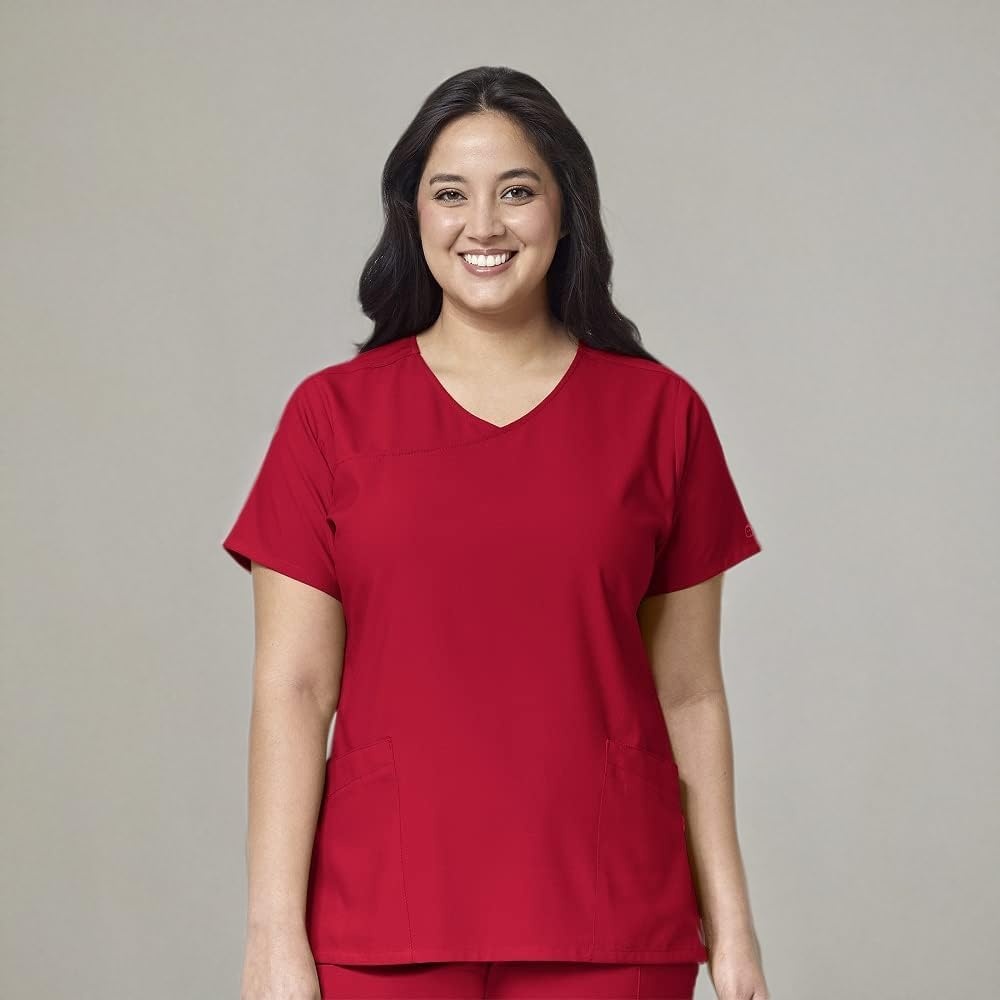 Wink W123 Women’s Y-Neck Wrap Scrub Top(Red)
