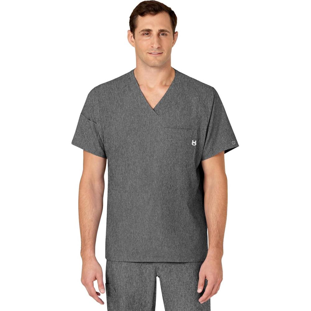 WINK Scrubs for Men, W123, V-Neck Tops with 6 Pockets(Charcoal Heather)