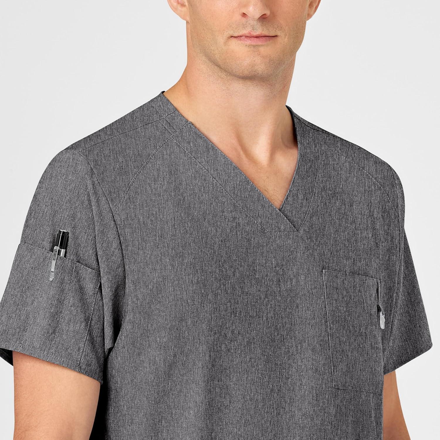 WINK Scrubs for Men, W123, V-Neck Tops with 6 Pockets(Charcoal Heather)
