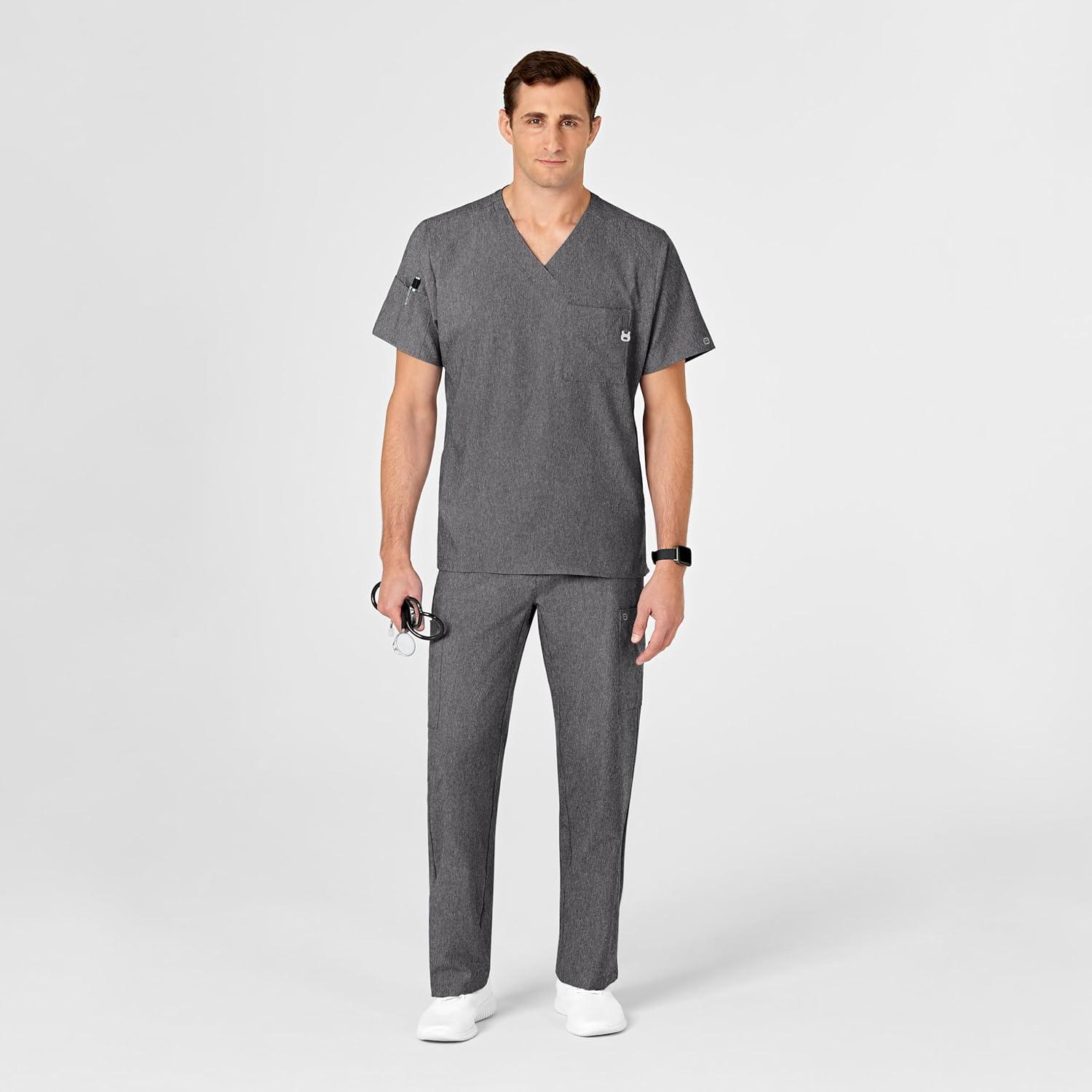 WINK Scrubs for Men, W123, V-Neck Tops with 6 Pockets(Charcoal Heather)