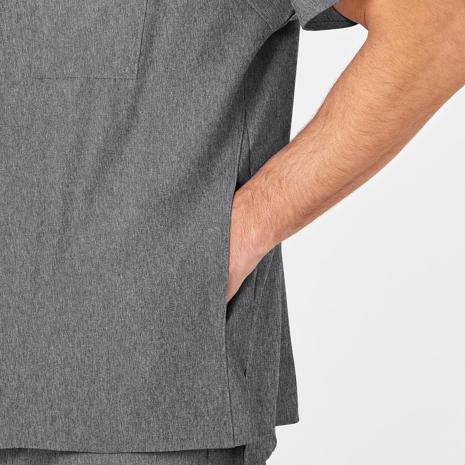 WINK Scrubs for Men, W123, V-Neck Tops with 6 Pockets(Charcoal Heather)
