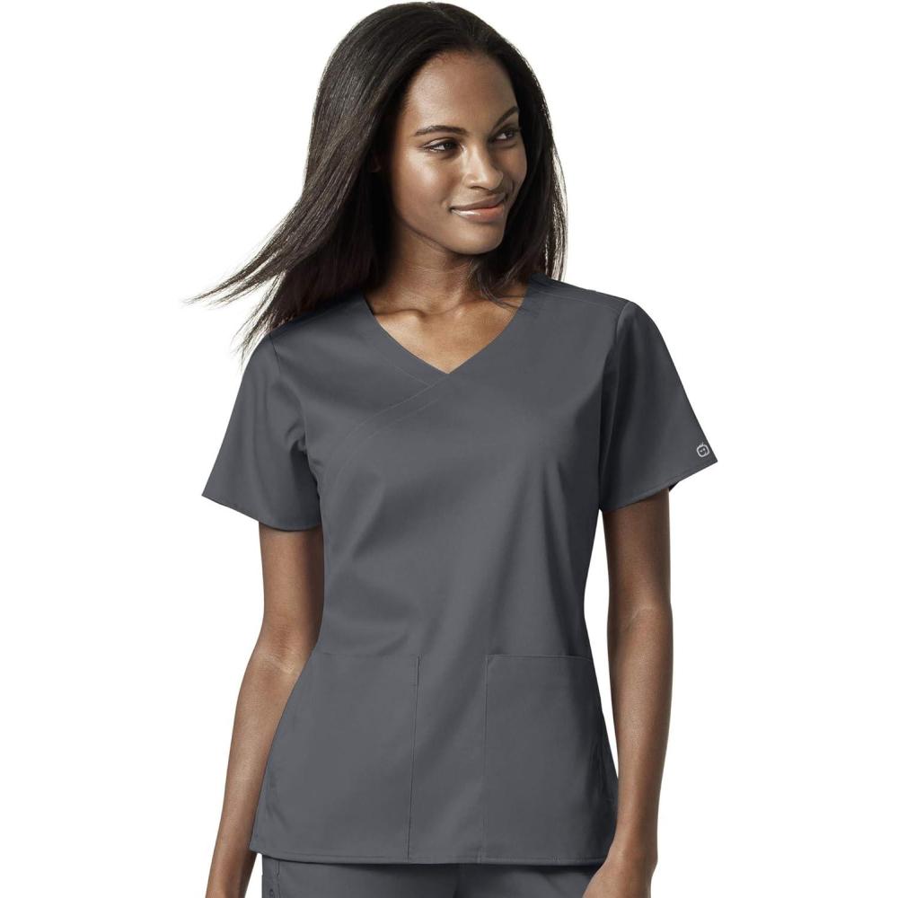 WonderWink Womens Women’s 4 Pocket Wrap Scrub Top(Pewter)